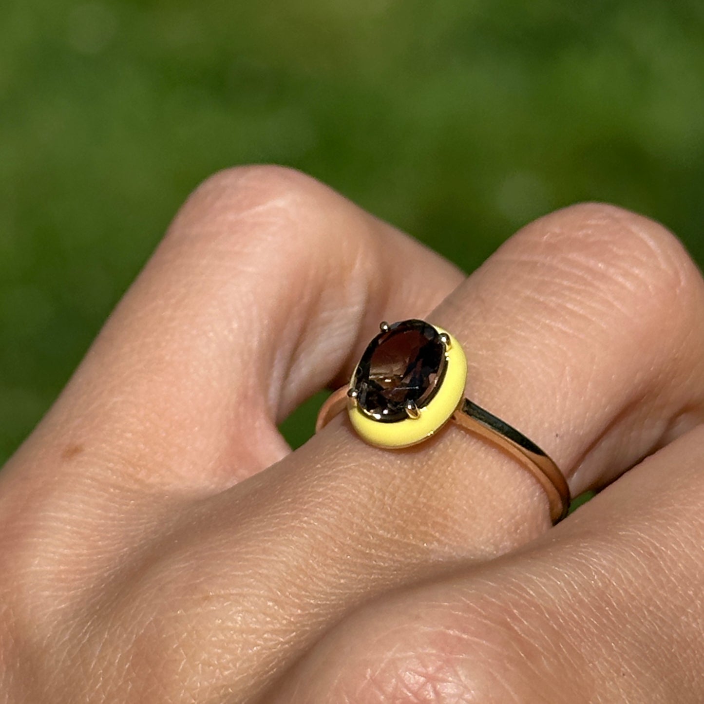 14KT Yellow Gold Oval Smoky Quartz + Yellow Enamel Ring