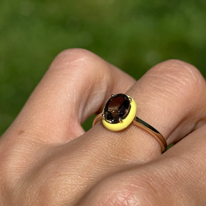 14KT Yellow Gold Oval Smoky Quartz + Yellow Enamel Ring