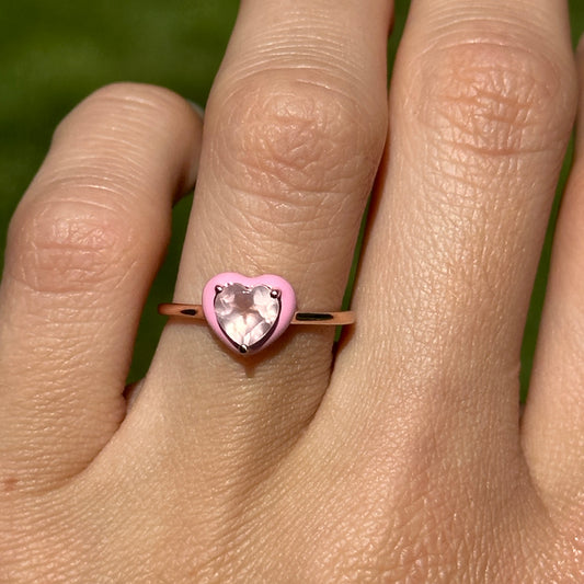 14KT Rose Gold Heart Rose Quartz + Pink Enamel Ring