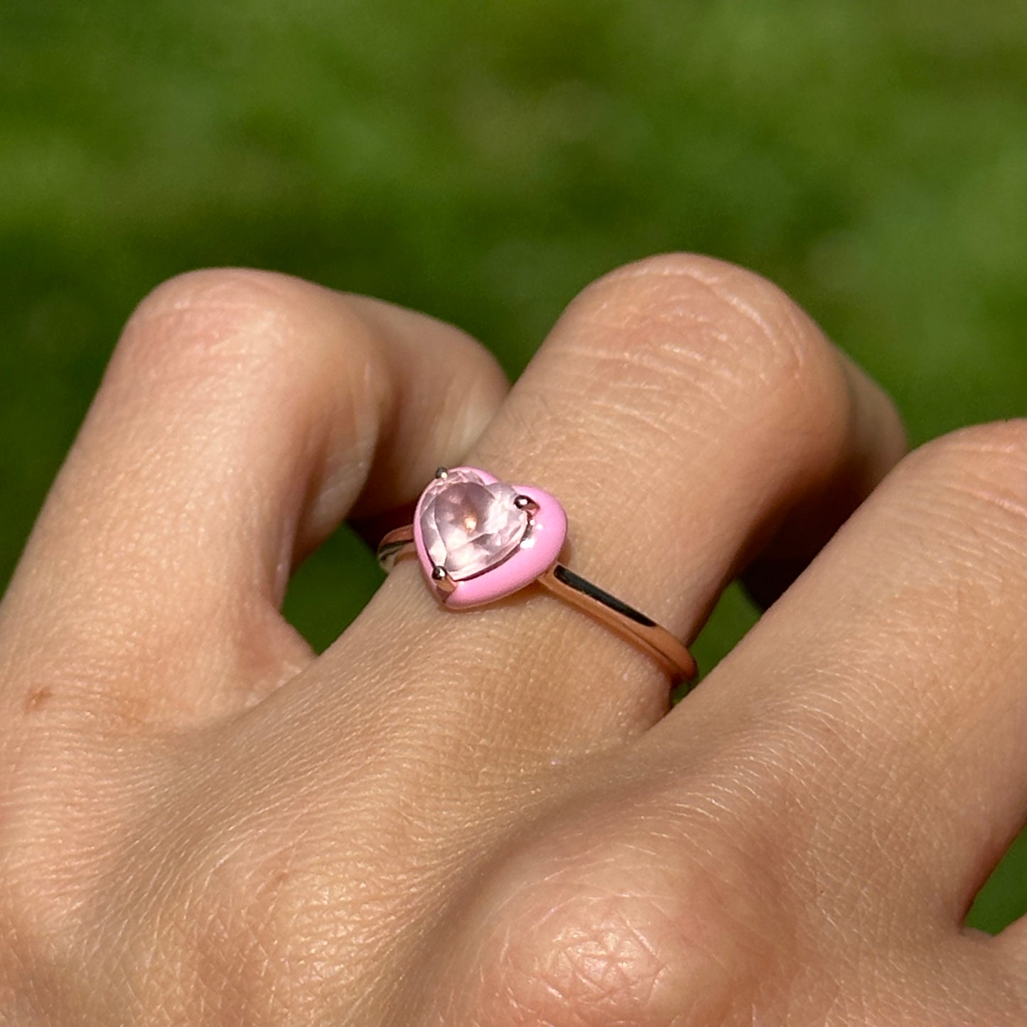 14KT Rose Gold Heart Rose Quartz + Pink Enamel Ring