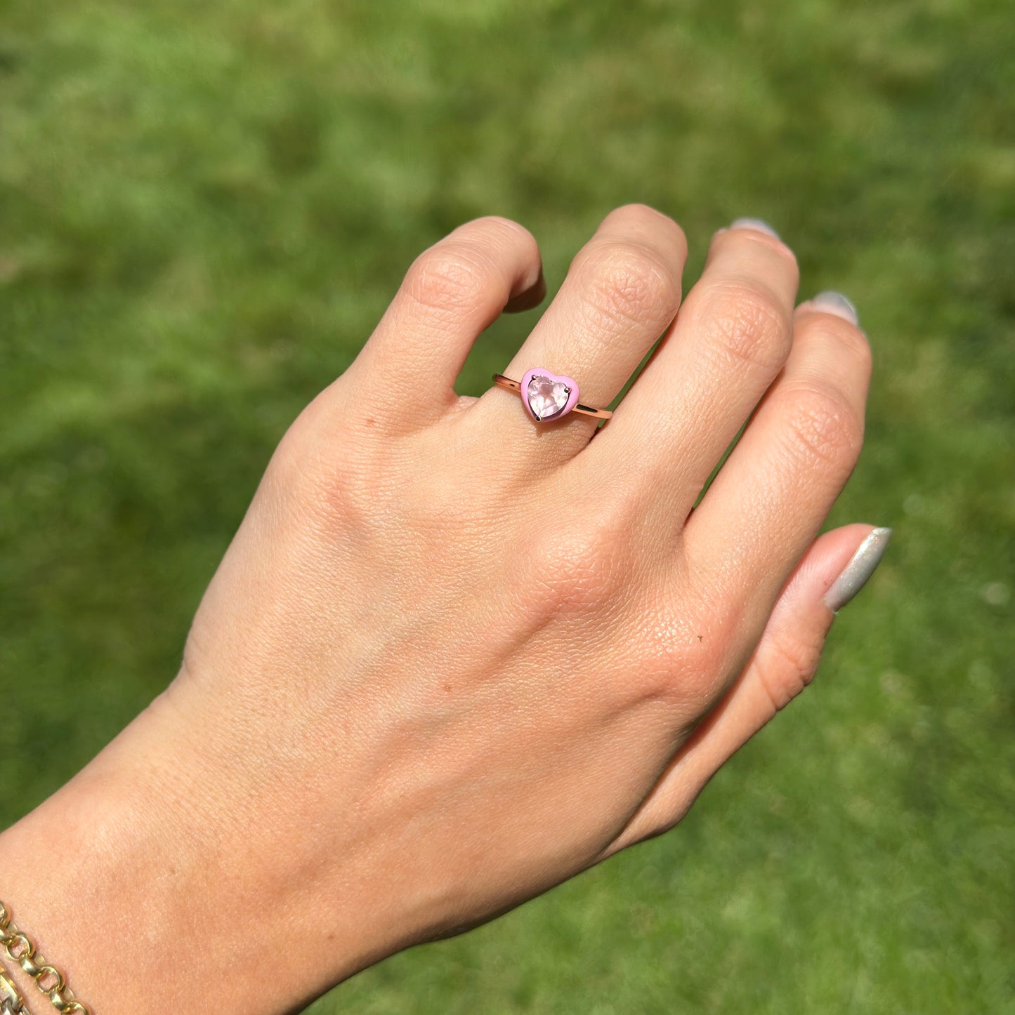 14KT Rose Gold Heart Rose Quartz + Pink Enamel Ring