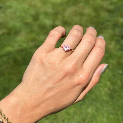 14KT Rose Gold Heart Rose Quartz + Pink Enamel Ring