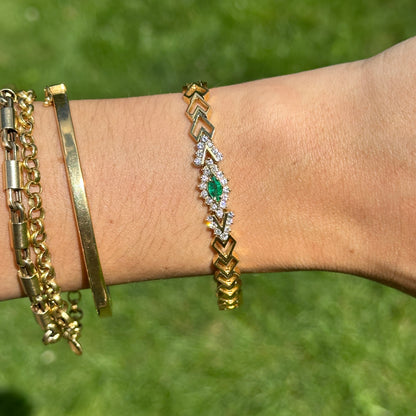 Estate 18KT Yellow Gold Marquise Emerald + Round Diamond Open Chevron Link Bracelet