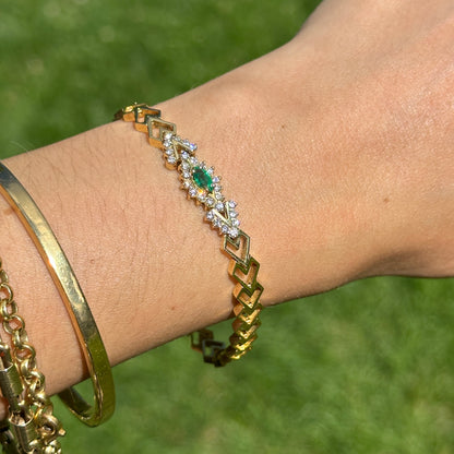 Estate 18KT Yellow Gold Marquise Emerald + Round Diamond Open Chevron Link Bracelet