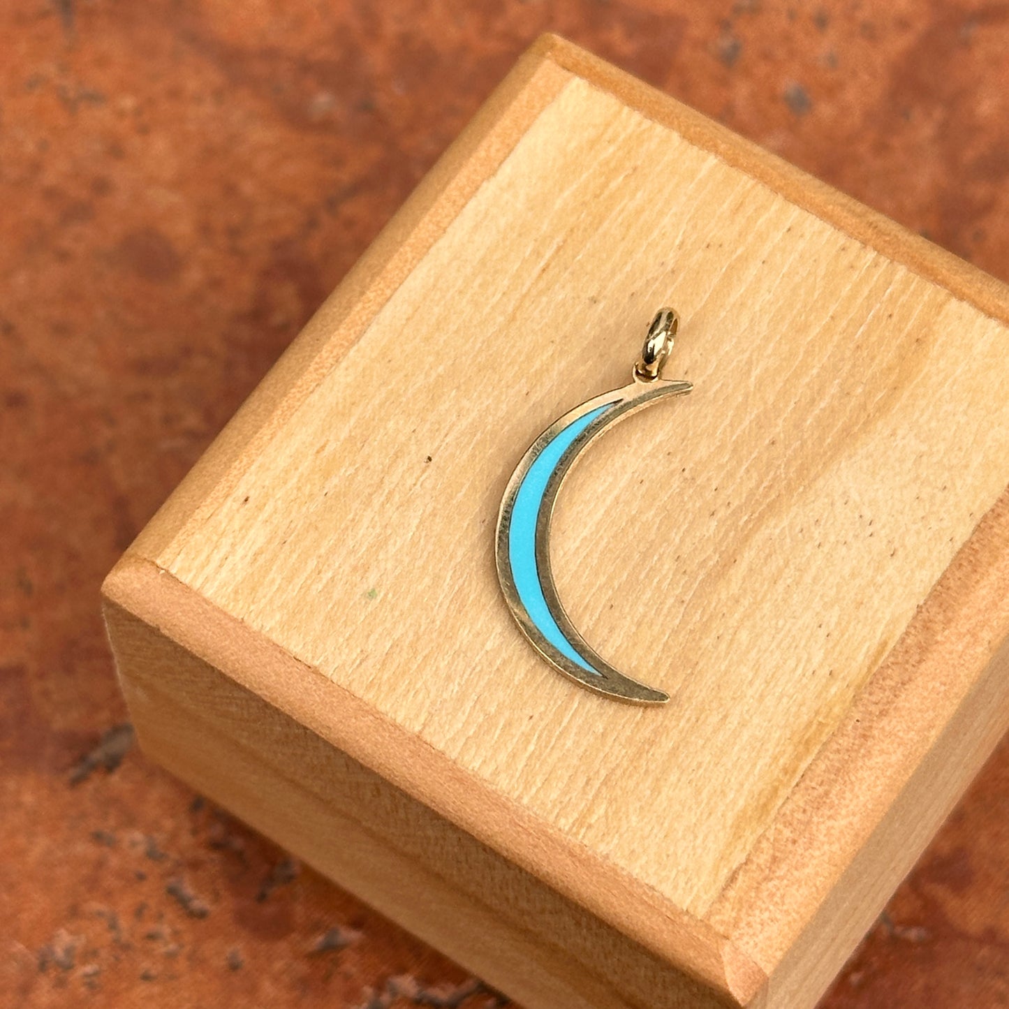 14KT Yellow Gold Skinny Turquoise Crescent Moon Pendant Charm