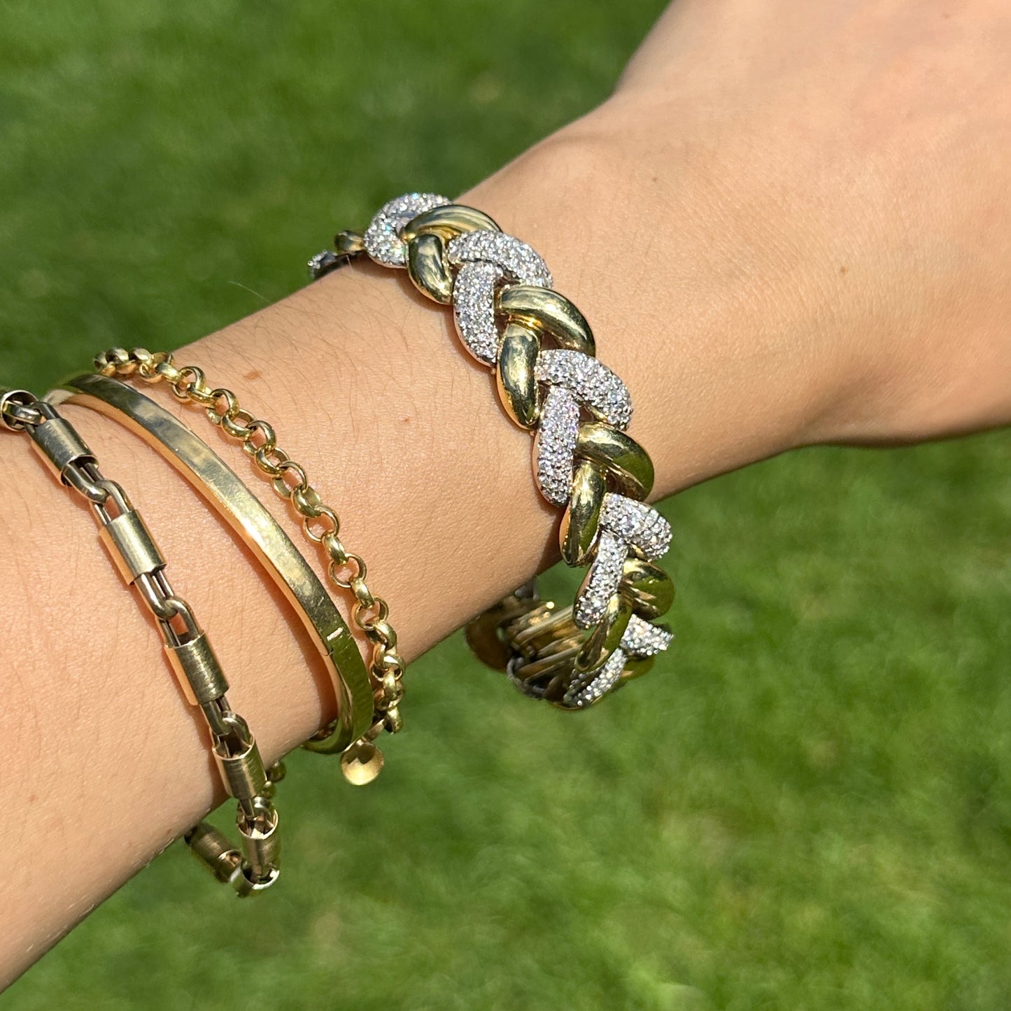 Estate 18KT Yellow + White Gold Round Diamond Large Link Tennis Bracelet