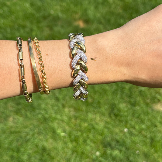 Estate 18KT Yellow + White Gold Round Diamond Large Link Tennis Bracelet