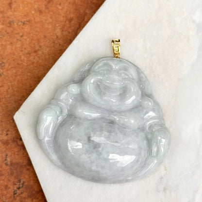 Estate 18KT Yellow Gold Light Jade Buddha Greek Key Pendant