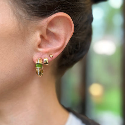 Estate 14KT Yellow Gold Baguette Green Tourmaline + Diamond Channel Set Hoop Earrings