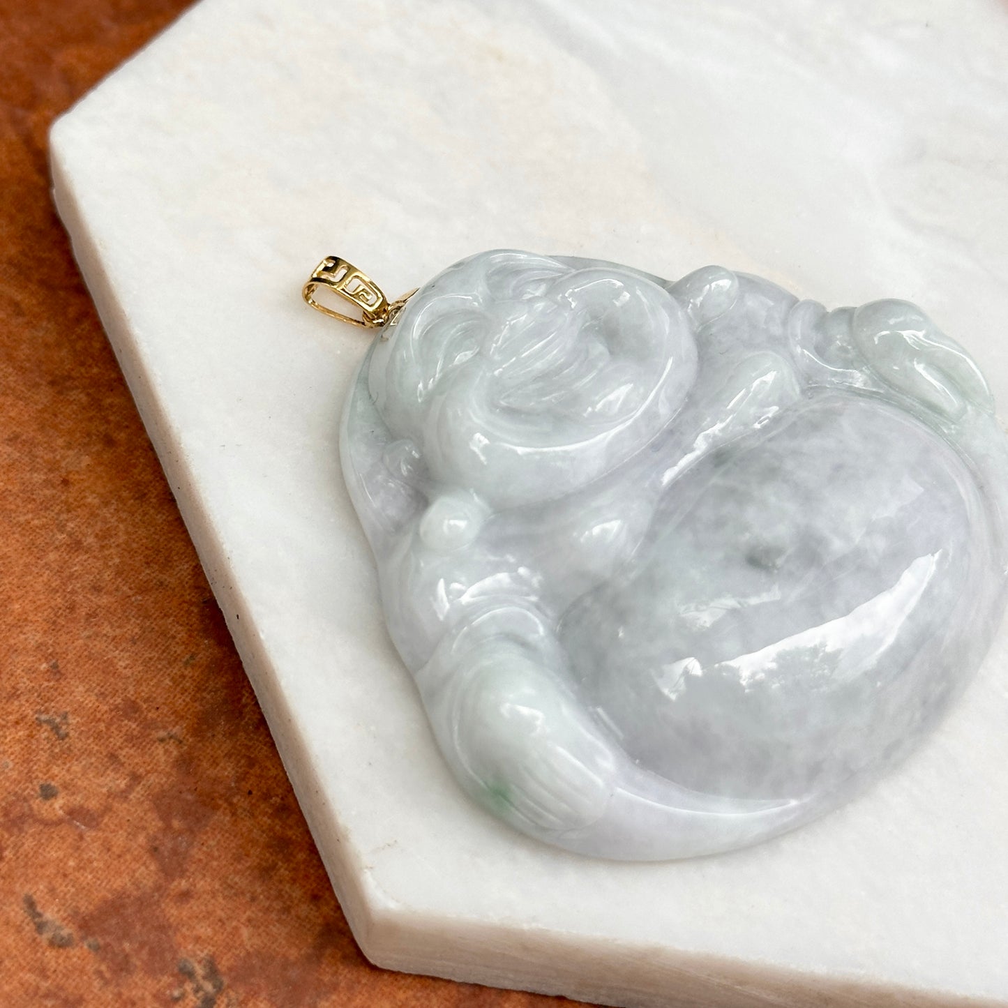 Estate 18KT Yellow Gold Light Jade Buddha Greek Key Pendant