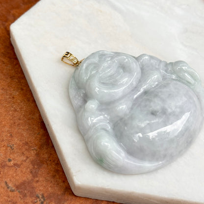 Estate 18KT Yellow Gold Light Jade Buddha Greek Key Pendant