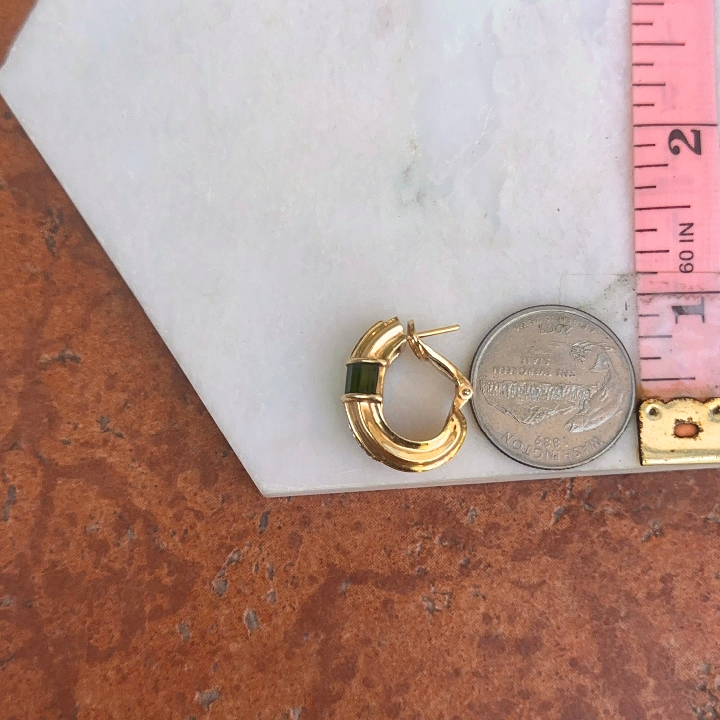 Estate 14KT Yellow Gold Baguette Green Tourmaline + Diamond Channel Set Hoop Earrings