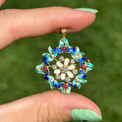 Estate 14KT Yellow Gold Round Diamond and Cabochon Ruby Enamel Pin Pendant