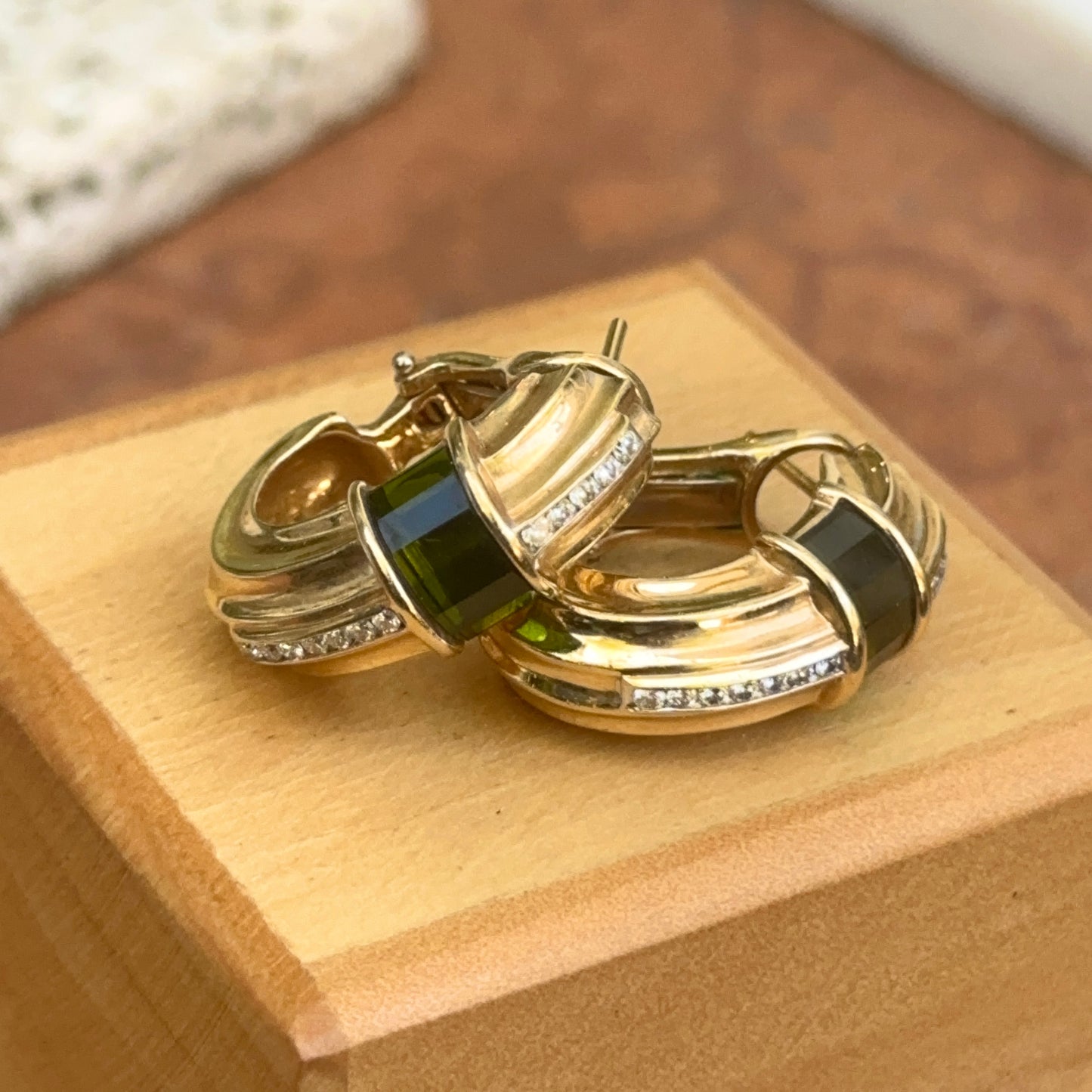 Estate 14KT Yellow Gold Baguette Green Tourmaline + Diamond Channel Set Hoop Earrings