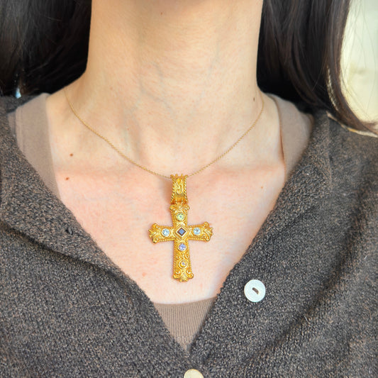 Estate Gold-Plated Sterling Silver Gemstone Byzantine Cross Pendant