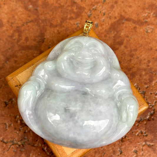 Estate 18KT Yellow Gold Light Jade Buddha Greek Key Pendant