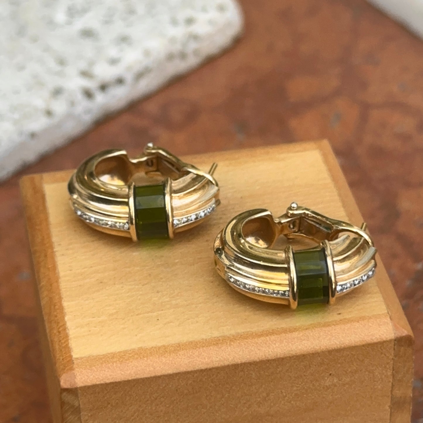 Estate 14KT Yellow Gold Baguette Green Tourmaline + Diamond Channel Set Hoop Earrings