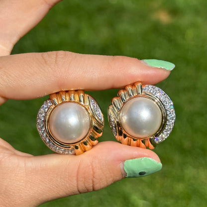 Estate 14KT Yellow Round Mabe Pearl + Pave Diamond Earrings