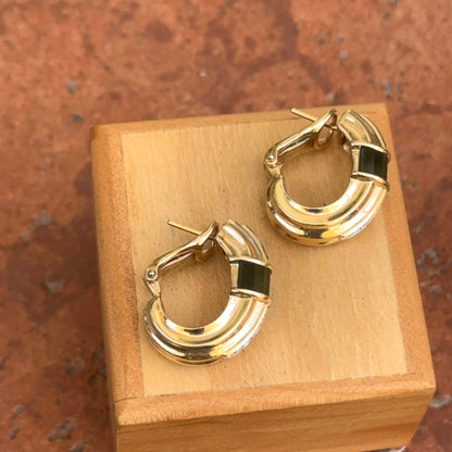 Estate 14KT Yellow Gold Baguette Green Tourmaline + Diamond Channel Set Hoop Earrings