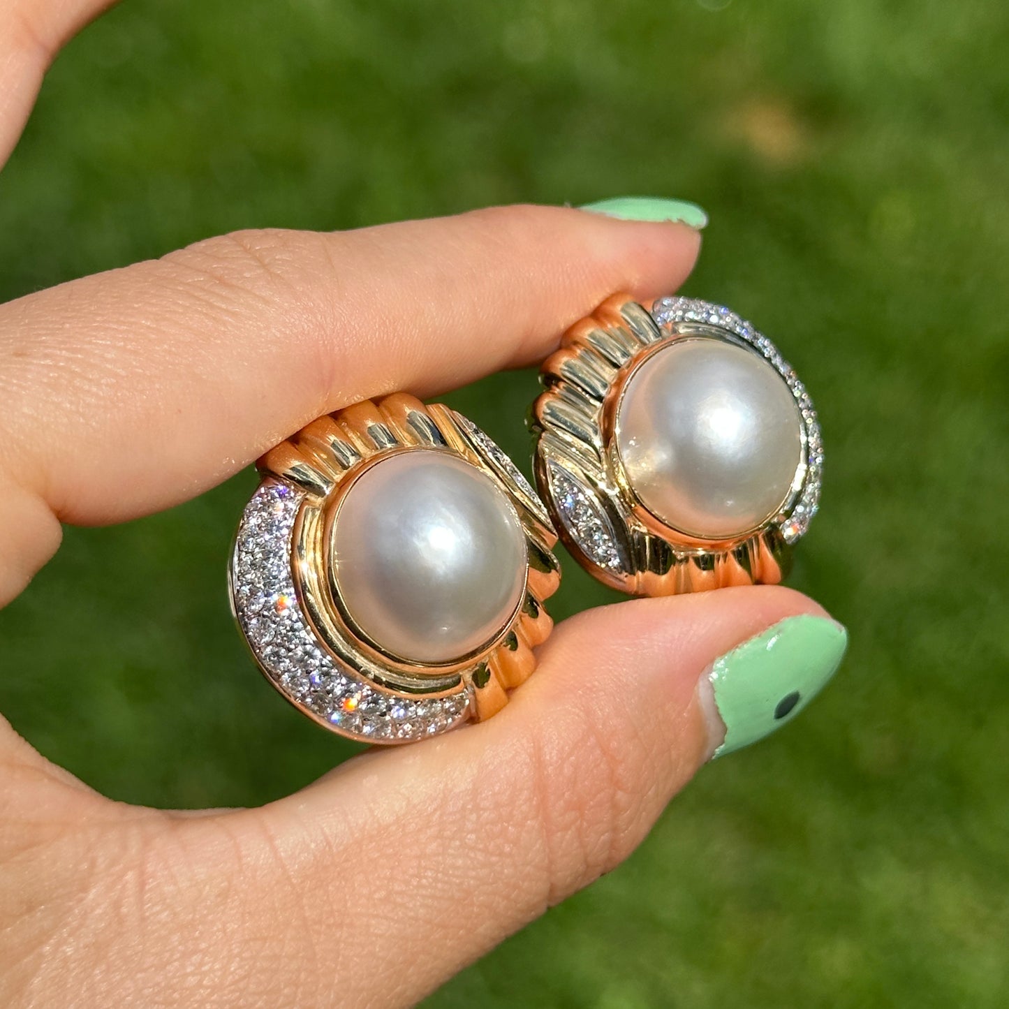 Estate 14KT Yellow Round Mabe Pearl + Pave Diamond Earrings