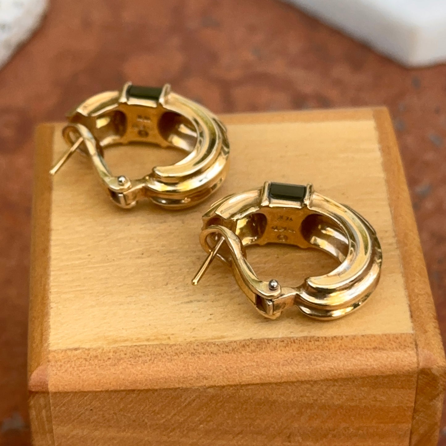 Estate 14KT Yellow Gold Baguette Green Tourmaline + Diamond Channel Set Hoop Earrings