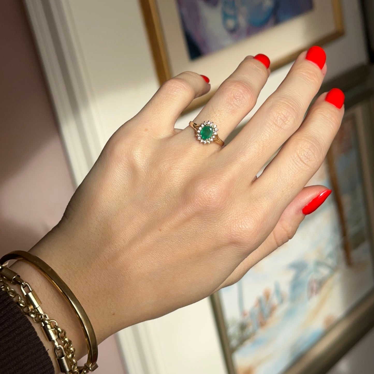 Estate 14KT Yellow Gold Oval Emerald + Diamond Double Halo Ring