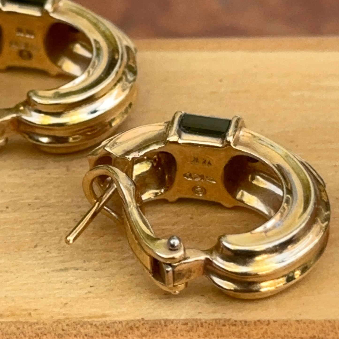 Estate 14KT Yellow Gold Baguette Green Tourmaline + Diamond Channel Set Hoop Earrings