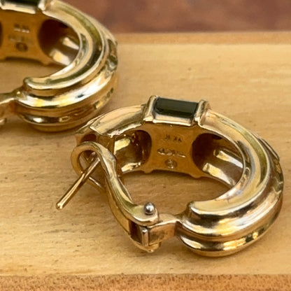 Estate 14KT Yellow Gold Baguette Green Tourmaline + Diamond Channel Set Hoop Earrings