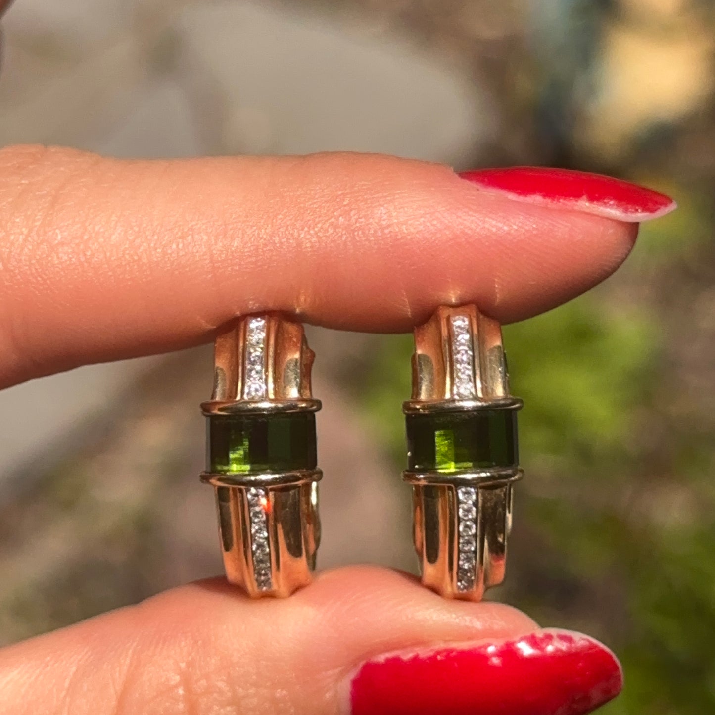 Estate 14KT Yellow Gold Baguette Green Tourmaline + Diamond Channel Set Hoop Earrings