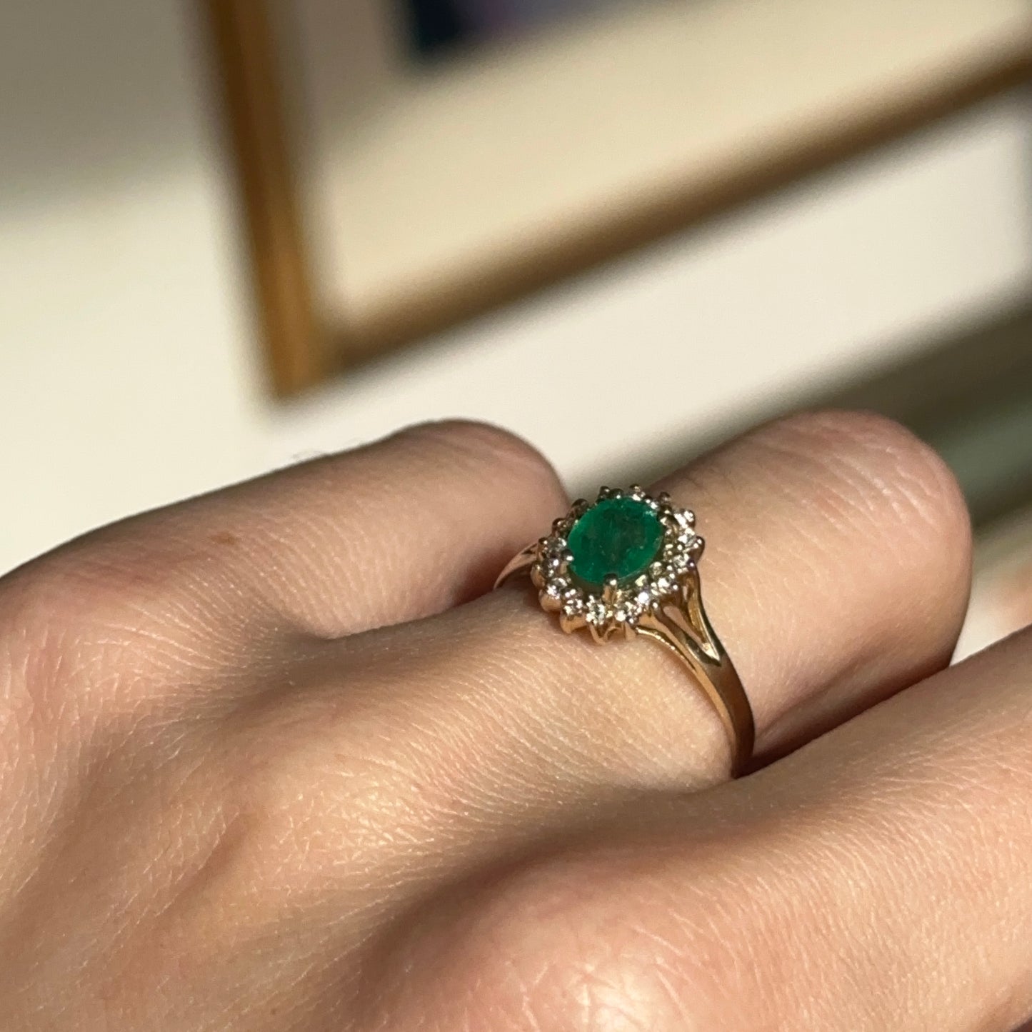 Estate 14KT Yellow Gold Oval Emerald + Diamond Double Halo Ring
