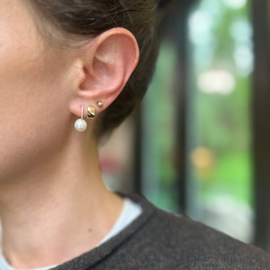 14KT Yellow Gold Small Mini Diamond Huggie Earrings + Freshwater Pearl