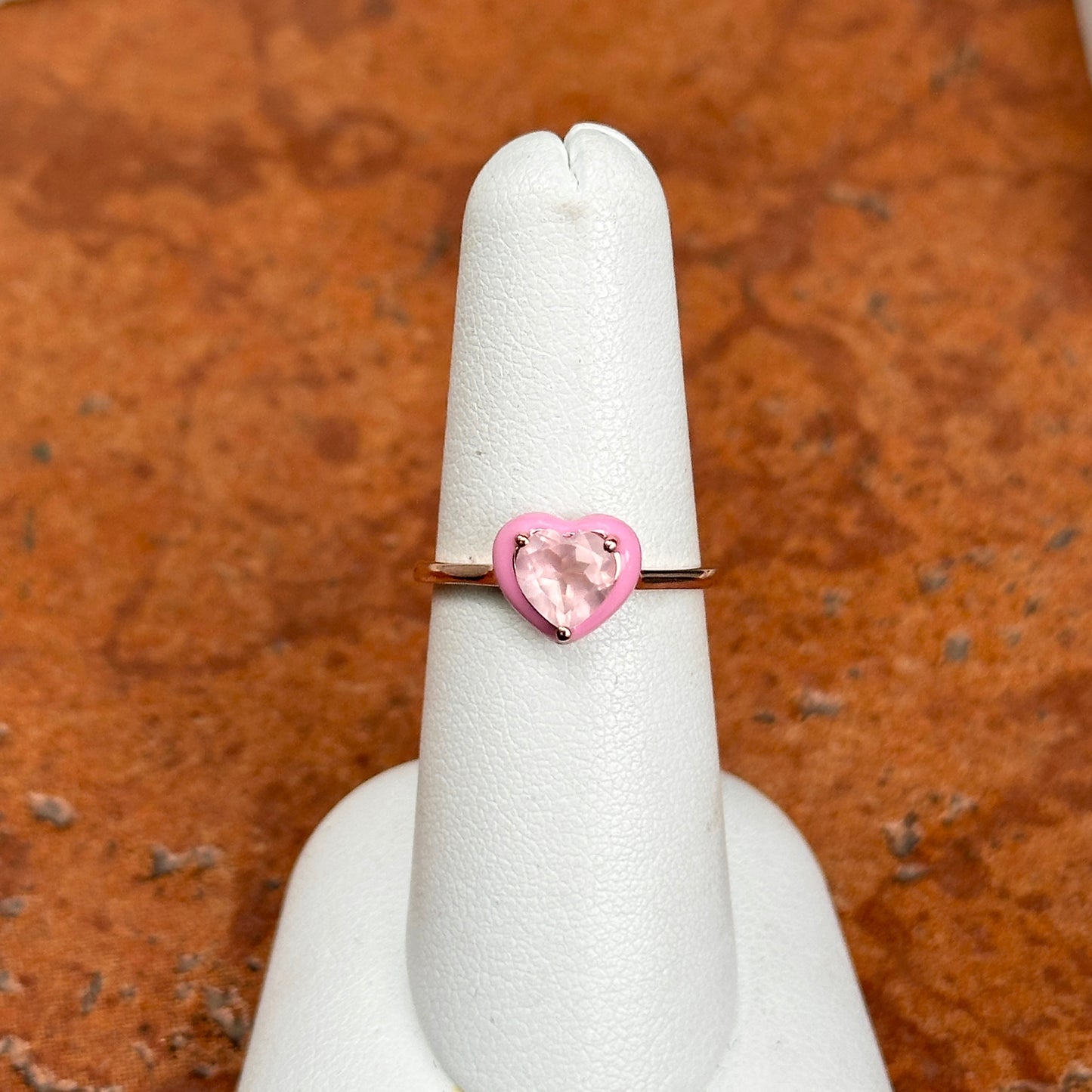 14KT Rose Gold Heart Rose Quartz + Pink Enamel Ring
