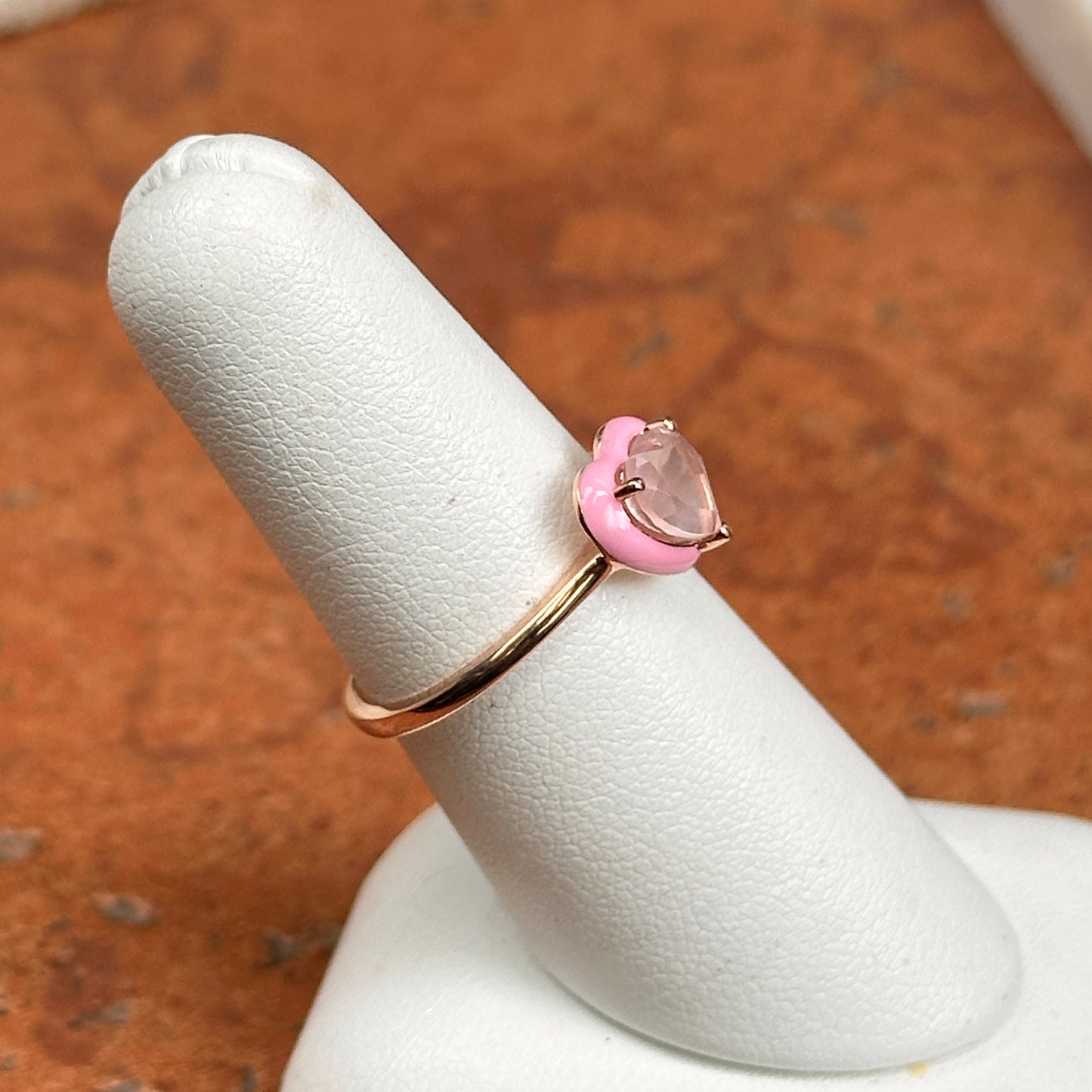 14KT Rose Gold Heart Rose Quartz + Pink Enamel Ring