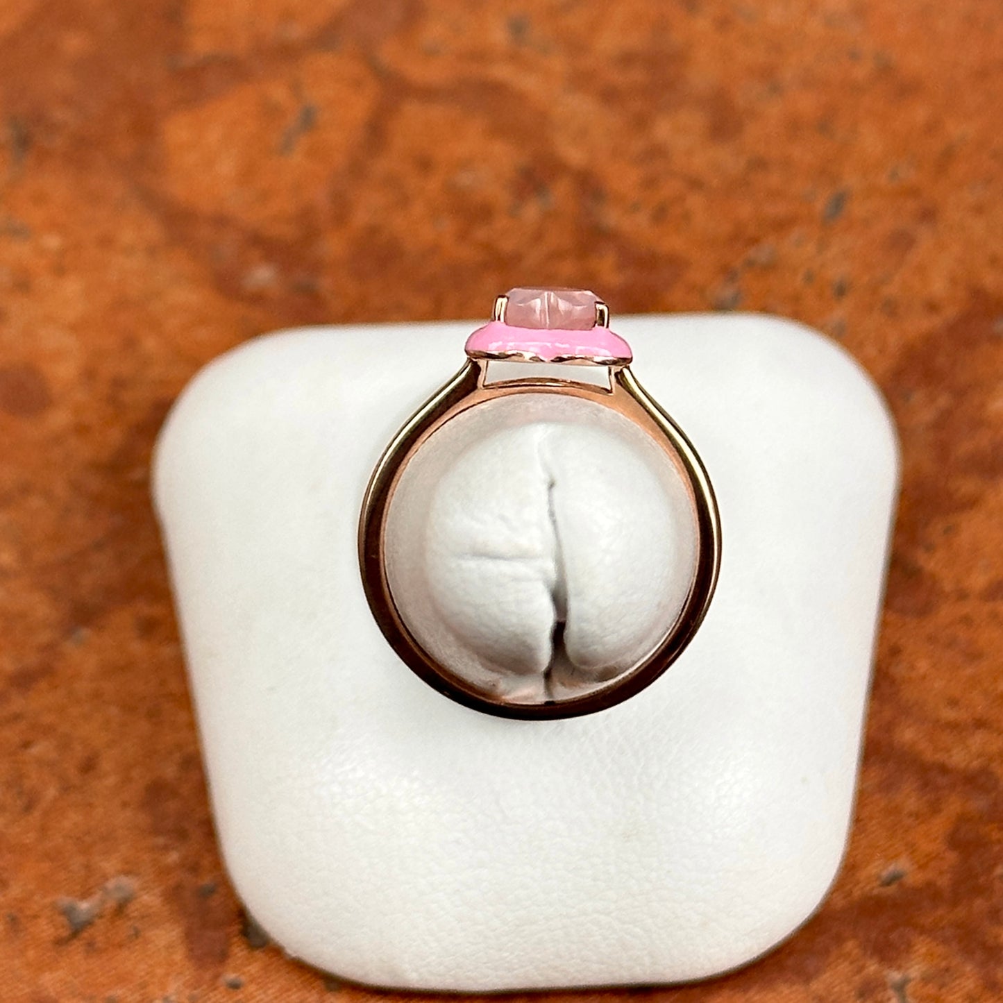 14KT Rose Gold Heart Rose Quartz + Pink Enamel Ring