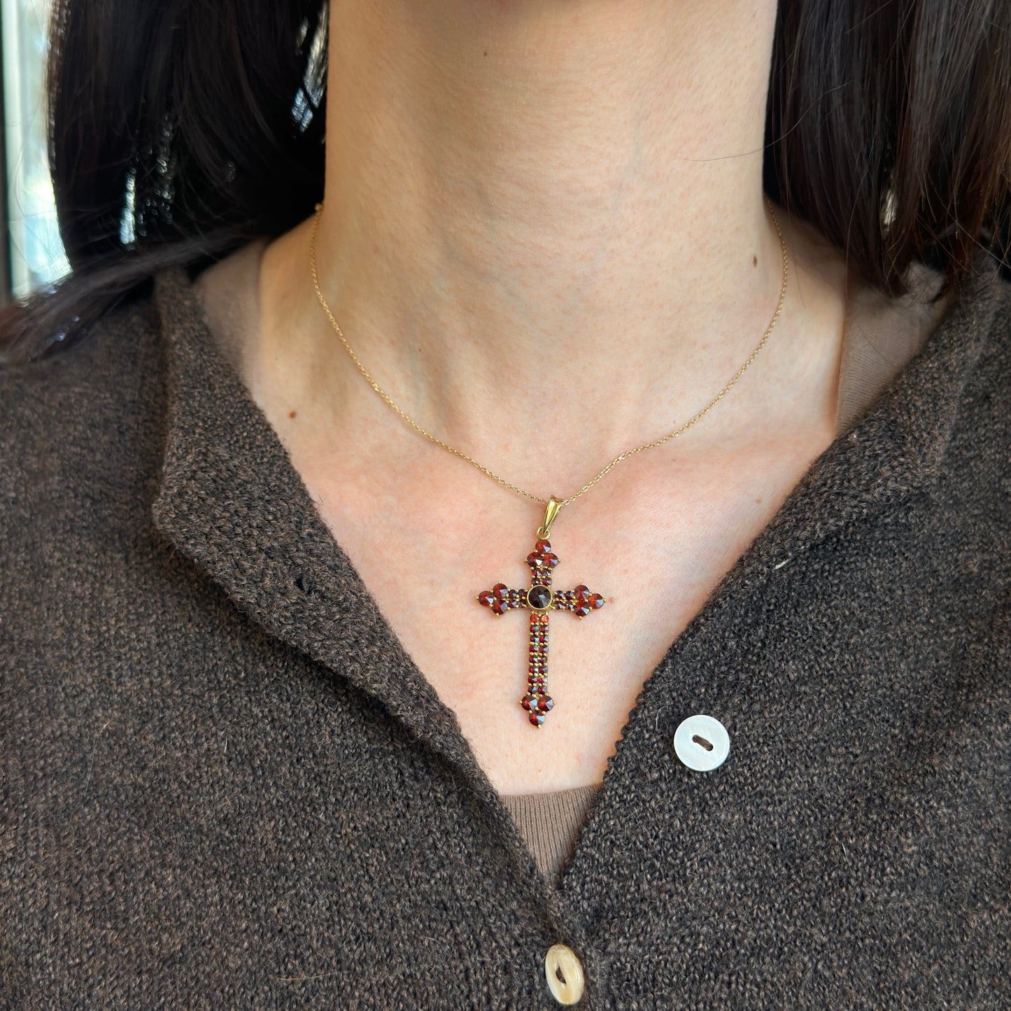 Estate 14KT Yellow Gold Garnet Cross Pendant