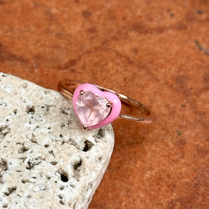 14KT Rose Gold Heart Rose Quartz + Pink Enamel Ring