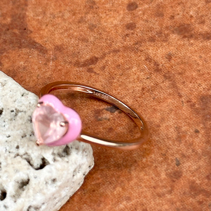 14KT Rose Gold Heart Rose Quartz + Pink Enamel Ring