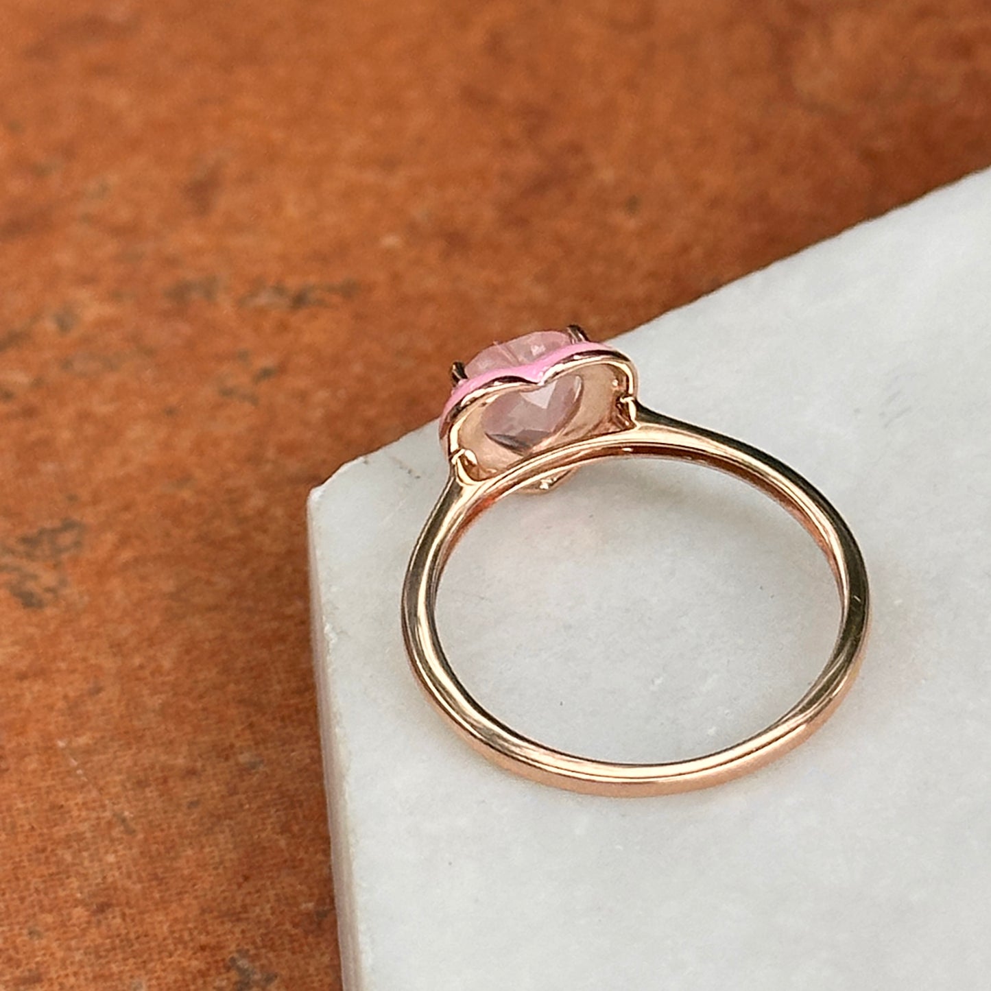 14KT Rose Gold Heart Rose Quartz + Pink Enamel Ring