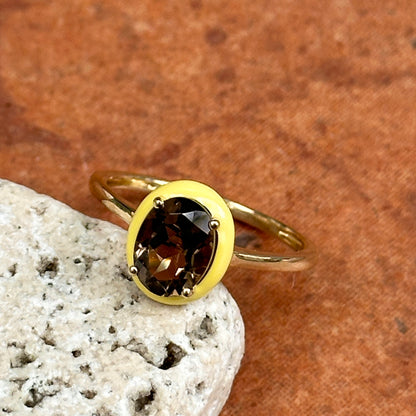 14KT Yellow Gold Oval Smoky Quartz + Yellow Enamel Ring