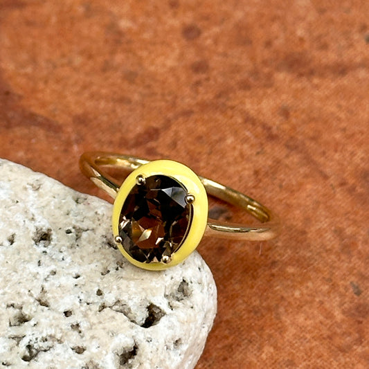14KT Yellow Gold Oval Smoky Quartz + Yellow Enamel Ring