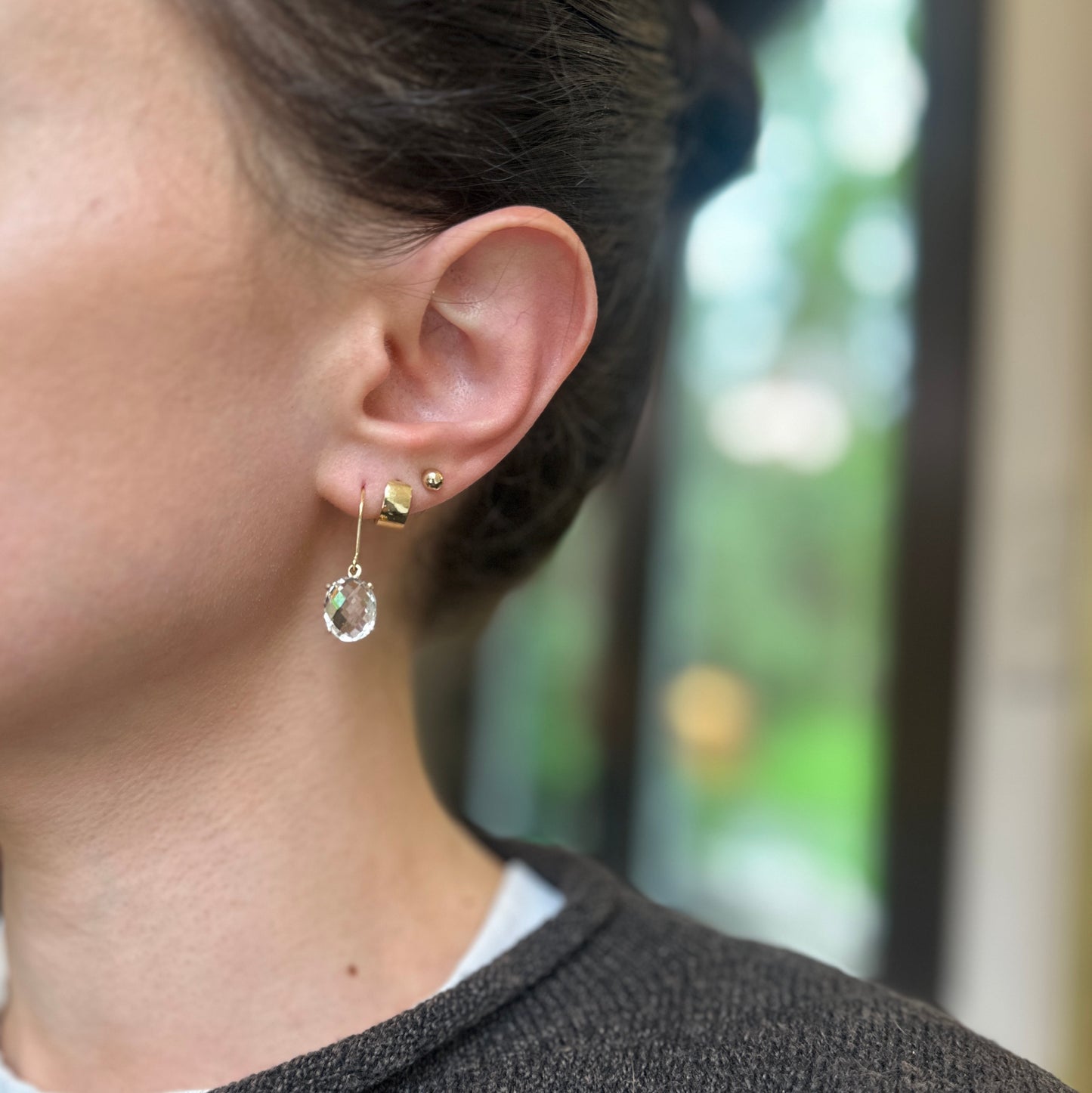 Estate 14KT Yellow Gold Checkerboard Faceted Oval White Topaz Dangle Earrings