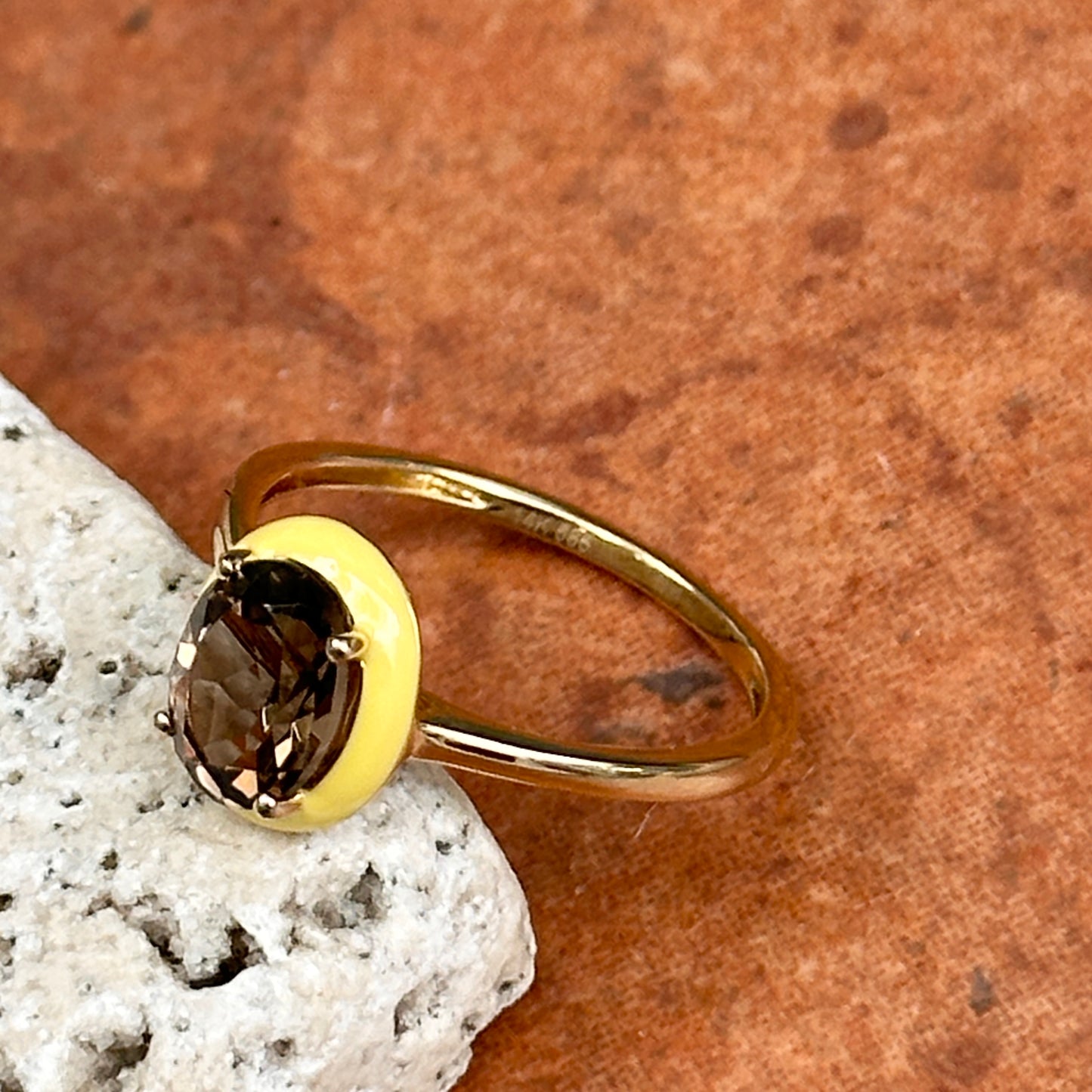14KT Yellow Gold Oval Smoky Quartz + Yellow Enamel Ring