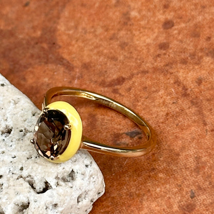 14KT Yellow Gold Oval Smoky Quartz + Yellow Enamel Ring
