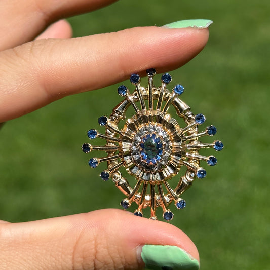 Estate 10KT Yellow Gold Oval and Round Blue Stone Pin + Swivel Bail for Pendant - LSJ