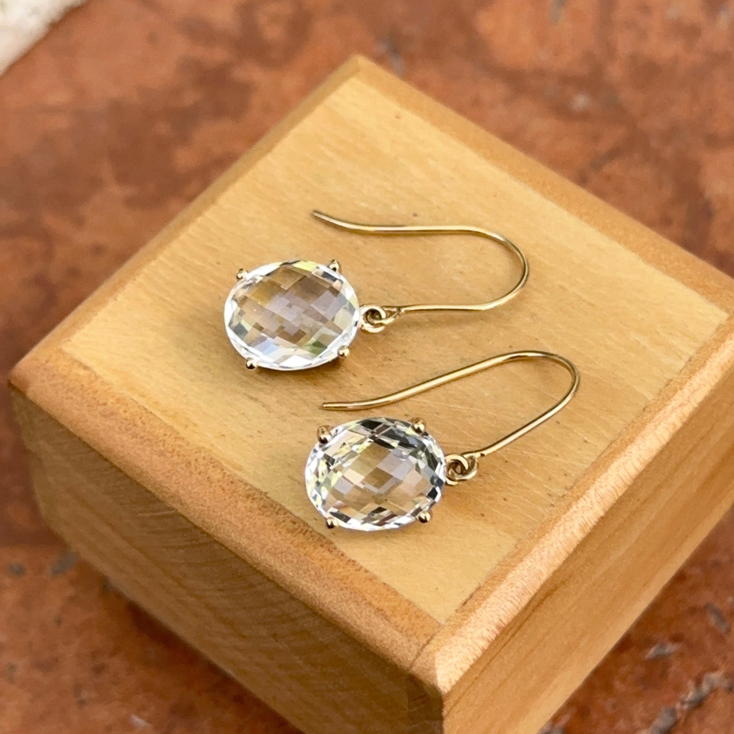 Estate 14KT Yellow Gold Checkerboard Faceted Oval White Topaz Dangle Earrings