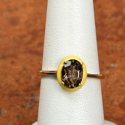 14KT Yellow Gold Oval Smoky Quartz + Yellow Enamel Ring