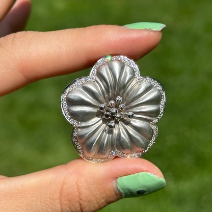 Estate 14KT White Gold Pave Diamond Flower Satin Finish Pin