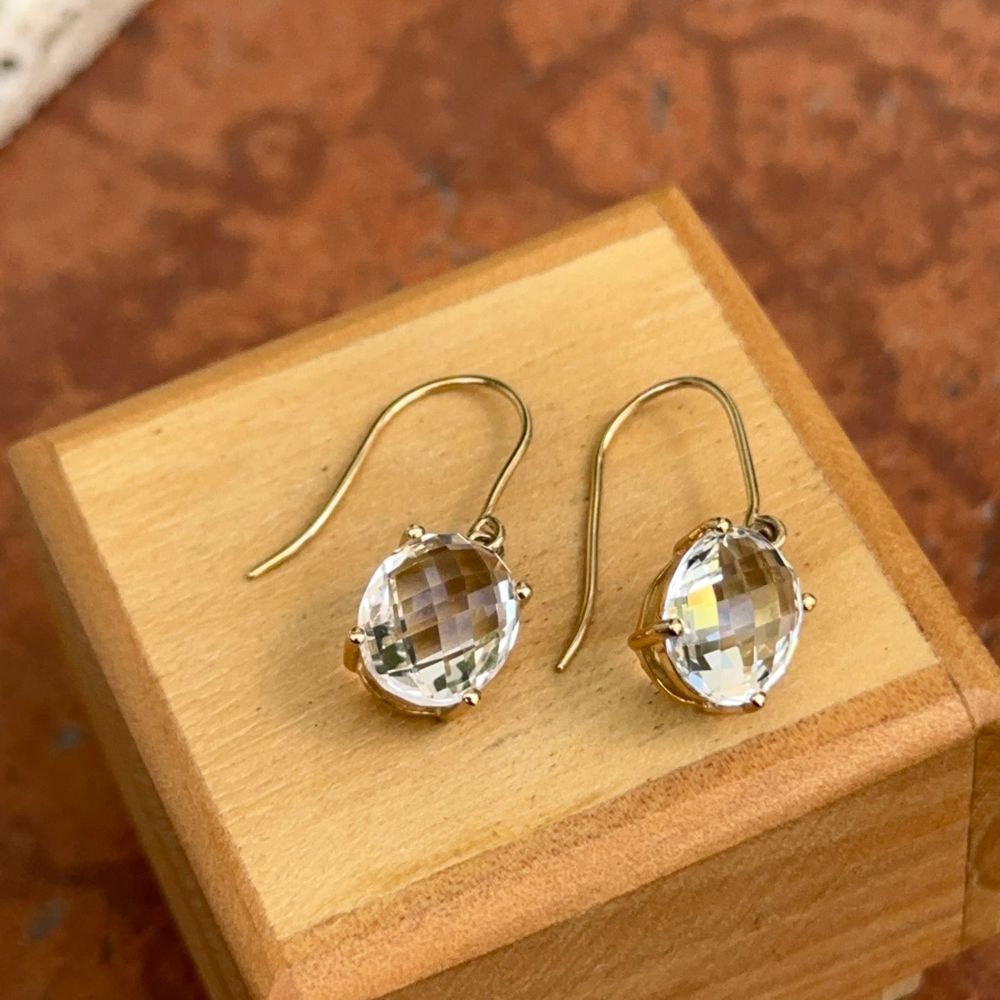 Estate 14KT Yellow Gold Checkerboard Faceted Oval White Topaz Dangle Earrings
