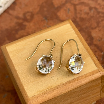 Estate 14KT Yellow Gold Checkerboard Faceted Oval White Topaz Dangle Earrings