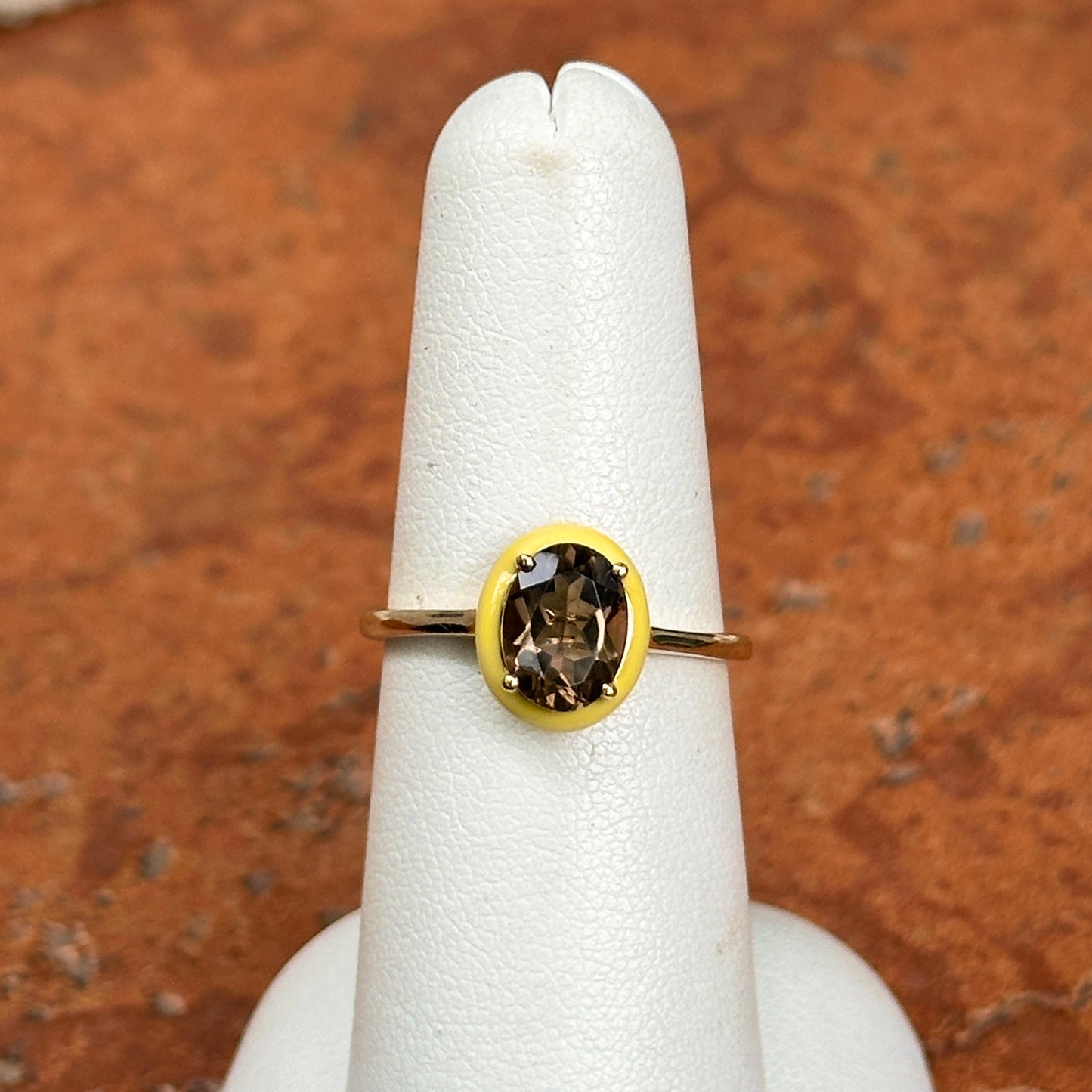 14KT Yellow Gold Oval Smoky Quartz + Yellow Enamel Ring